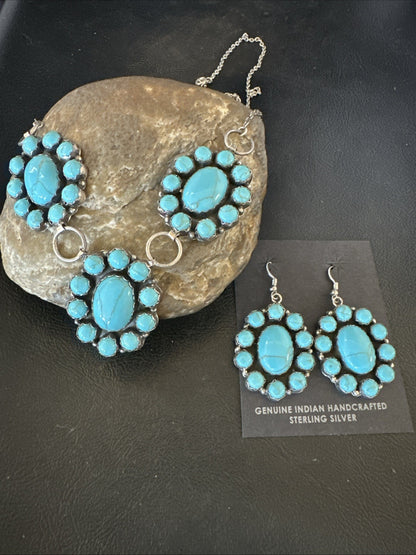 Cluster Lariat Blue Kingman Turquoise Earrings Necklace Pendant Navajo 23" 19112