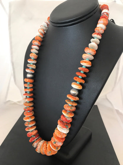 Orange Spiny Oyster Turquoise Navajo Indian Sterling Silver Necklace 22" 03607