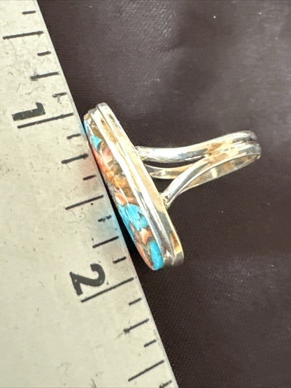 Blue Turquoise Orange Spiny Oyster Navajo Sterling Silver Ring Size 6 18211