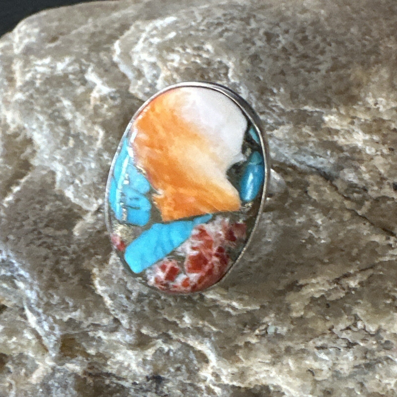 Blue Turquoise Spiny Oyster Navajo Sterling Silver Ring Size 8 18233