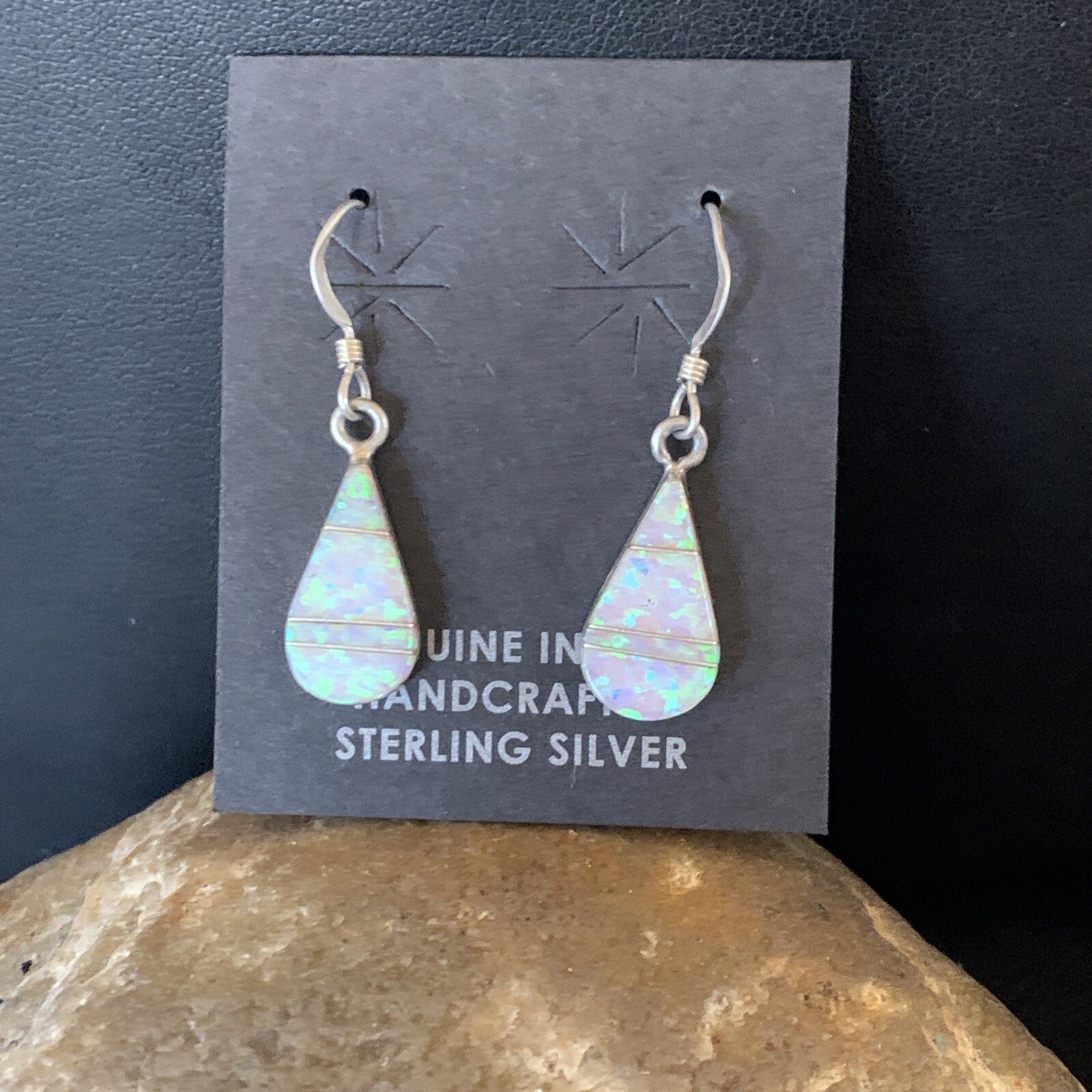 Womens White Opal Inlay Navajo Sterling Silver Dangle Post Earrings 0.5" 12770