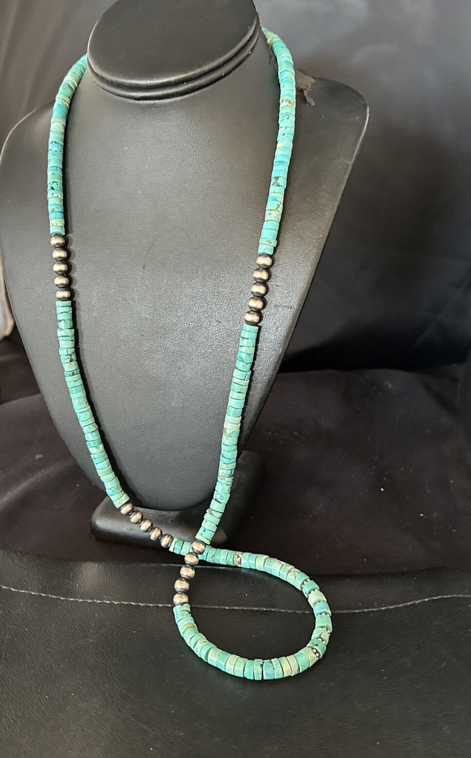 Blue Turquoise 34” Heishi Navajo Pearls Sterling Silver Bead Necklace 17256