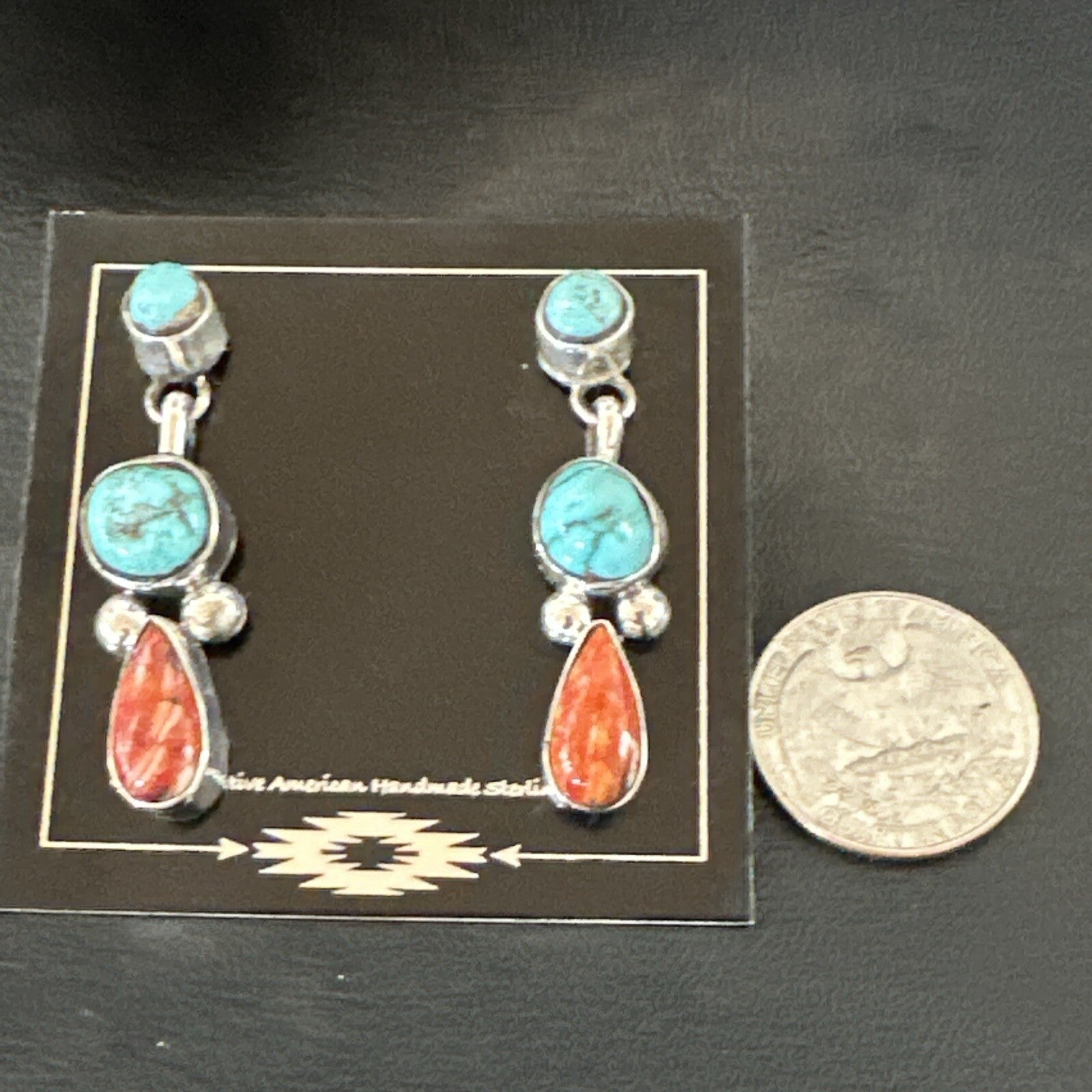 Blue Turquoise Red Spiny MultiColor Navajo Sterling Silver Inlay Earrings 18354