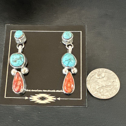 Blue Turquoise Red Spiny MultiColor Navajo Sterling Silver Inlay Earrings 18354
