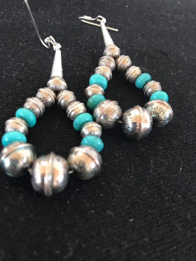 Native Sterling Silver Stamped Turquoise Bead Earrings 10090