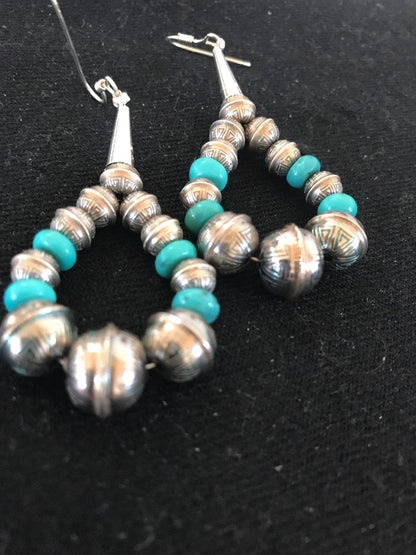 Native Sterling Silver Stamped Turquoise Bead Earrings 10090
