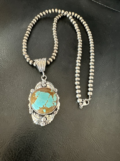 Mens Blue Turquoise#8 Pendant Navajo Sterling Silver Necklace 18071