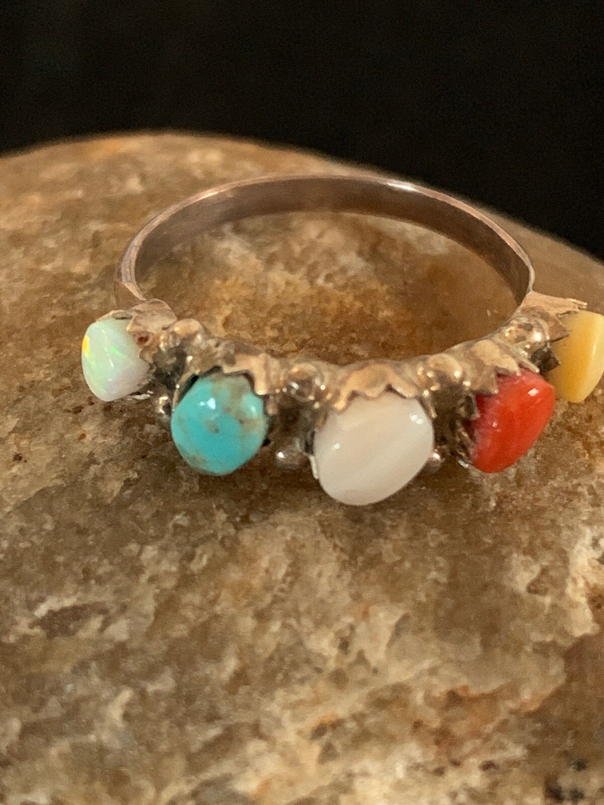 Opal Coral & Turquoise Zuni Sterling Silver Ring Size 6.5 8838