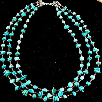 Native American Sterling Silver Nugget Turquoise Shell Necklace 3S 10088