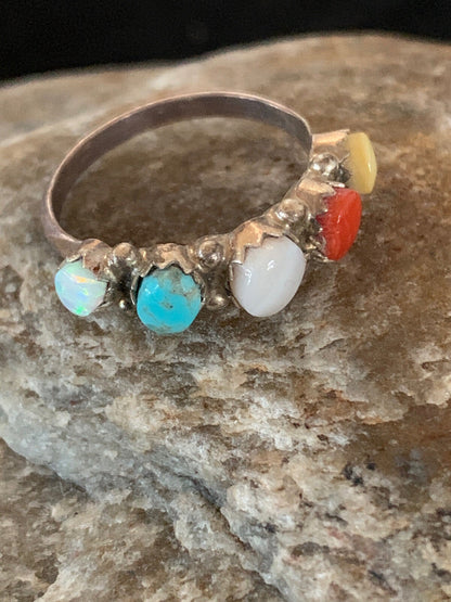Opal Coral & Turquoise Zuni Sterling Silver Ring Size 6.5 8838