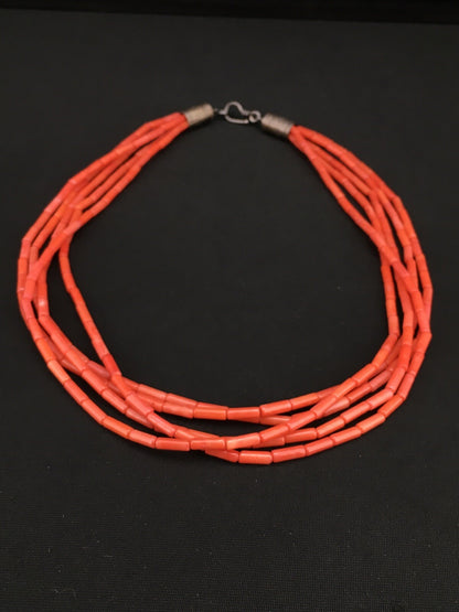 Orange Coral Tube Heishi Bead 5 Strand Navajo Sterling Silver Necklace 19" 1108