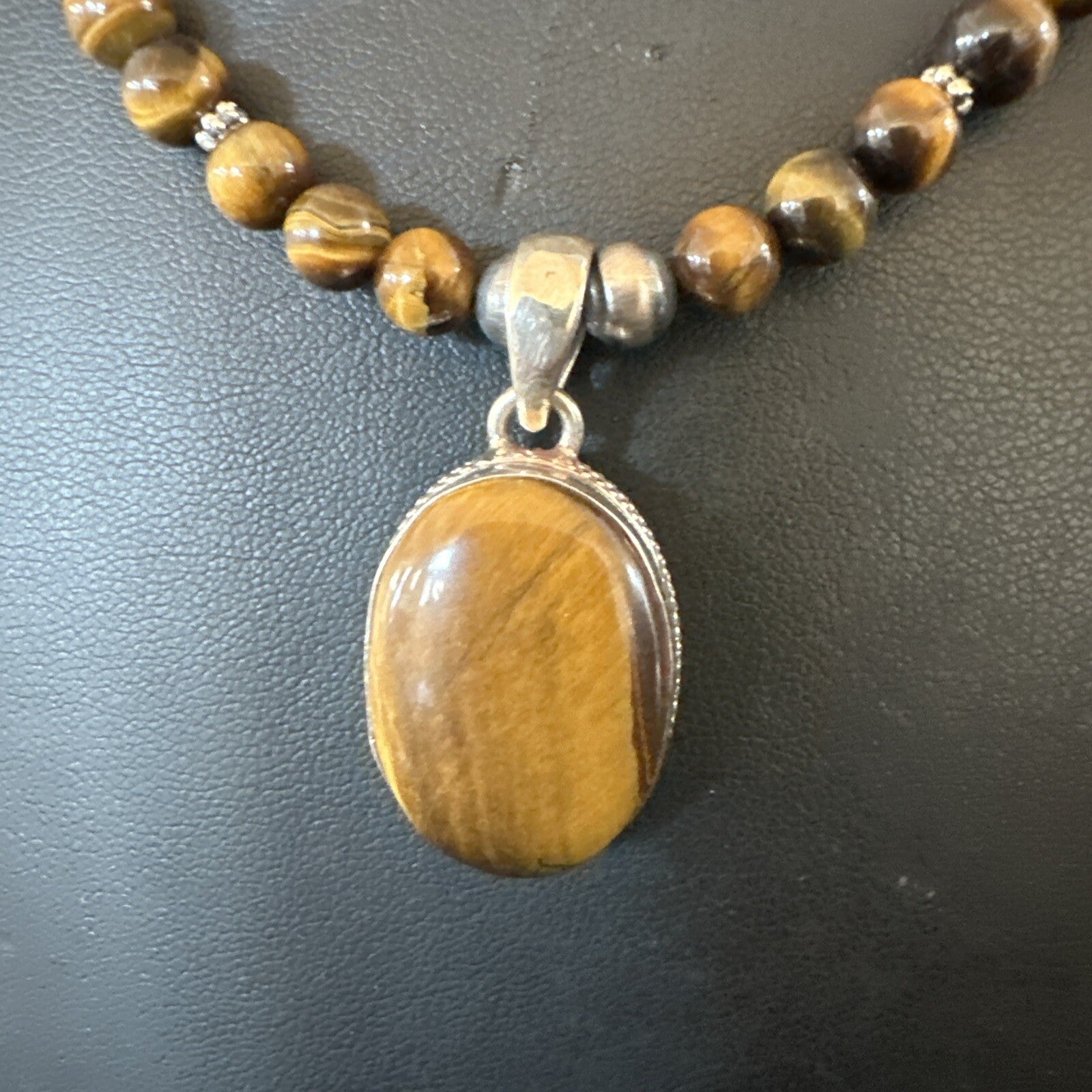 Coffee Brown Tigers Eye Sterling Silver Pendant Necklace Southwestern 18288