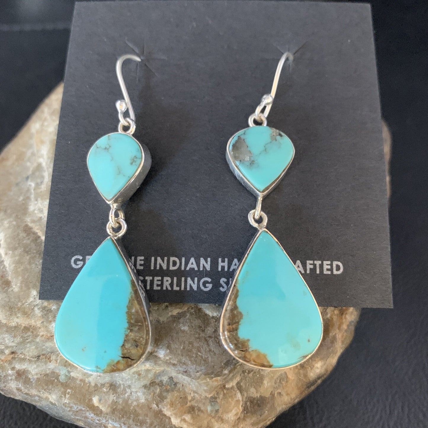 Kingman Turquoise Handmade Navajo Sterling Silver Dangle Earrings 13899