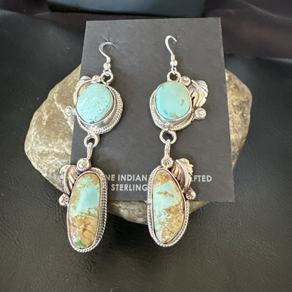 Green Royston Turquoise Navajo Sterling Silver Dangle Earrings 19601