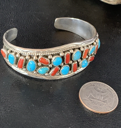 Kingman Turquoise & Red Coral Navajo Sterling Silver Cuff Bracelet 14217
