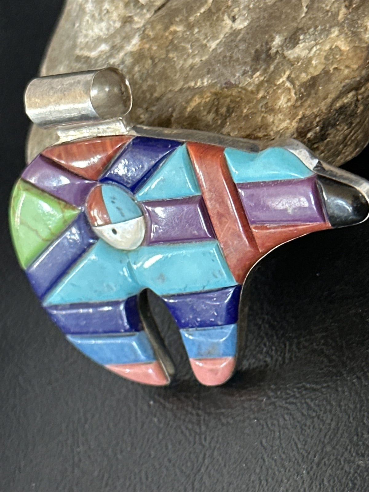 BEAR Mens Womens Navajo Sterling Multi-Color Turquoise Inlay Pendant 14226