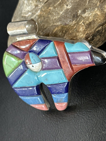 BEAR Mens Womens Navajo Sterling Multi-Color Turquoise Inlay Pendant 14226