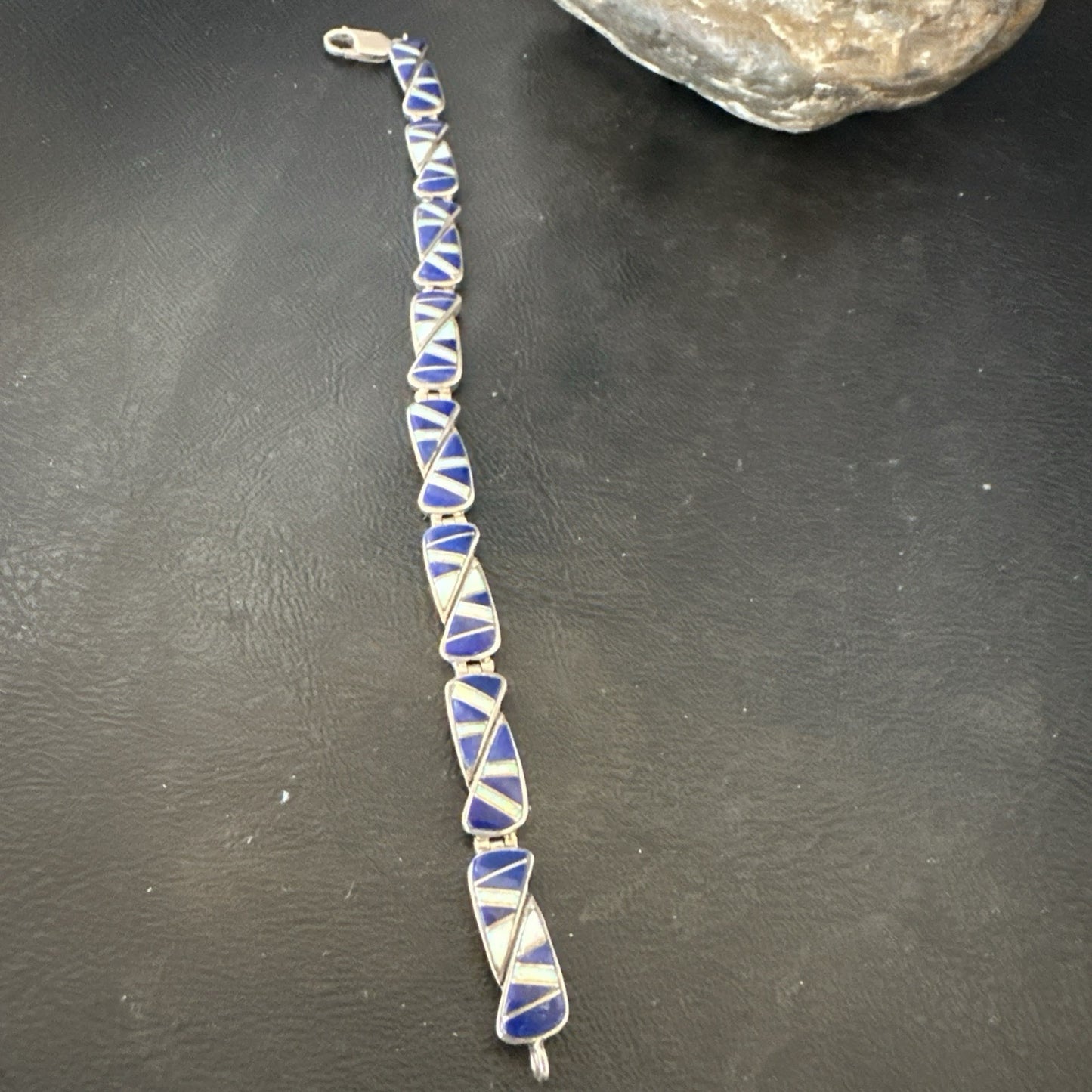 A Womens Blue Lapis Opal Sterling Silver Link Bracelet 9" 19792
