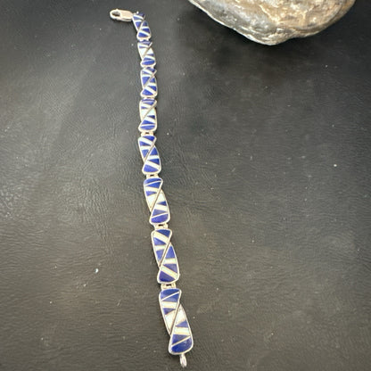 A Womens Blue Lapis Opal Sterling Silver Link Bracelet 9" 19792