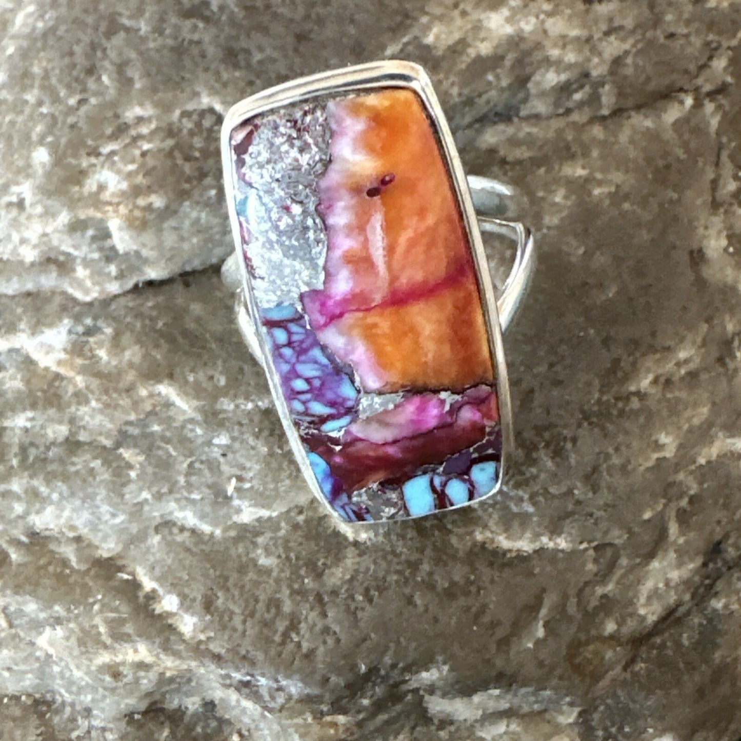 Blue Turquoise Spiny Oyster Southwestern Sterling Silver Ring Size 5 18502