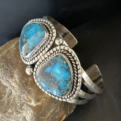 Navajo Blue TURQUOISE Stamped 2 Stone Sterling Silver Cuff Bracelet 8.25" 18717