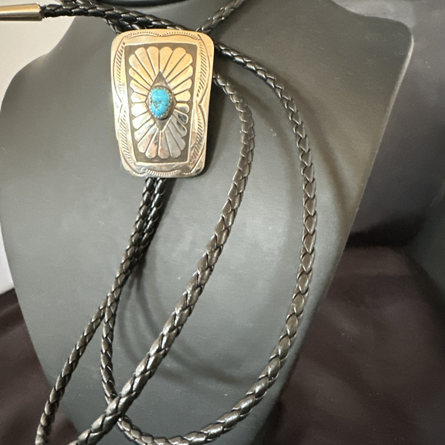 Mens Blue Kingman Turquoise Stamped Navajo Sterling Silver Bolo Tie 2” 19302