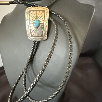 Mens Blue Kingman Turquoise Stamped Navajo Sterling Silver Bolo Tie 2” 19302