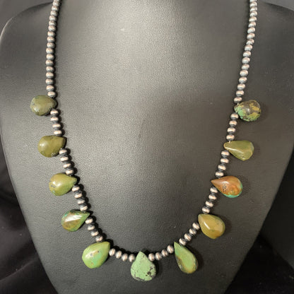 Teardrop Sterling Silver Beads Green Turquoise Necklace 20" 13508