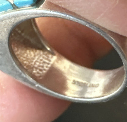 Blue Turquoise Native Navajo Sterling Silver Inlay Band Ring Size 7 18814