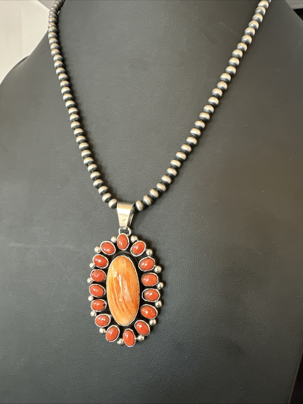 Red Coral Orange Spiny Navajo Sterling Silver Cluster Pendant Necklace 19565