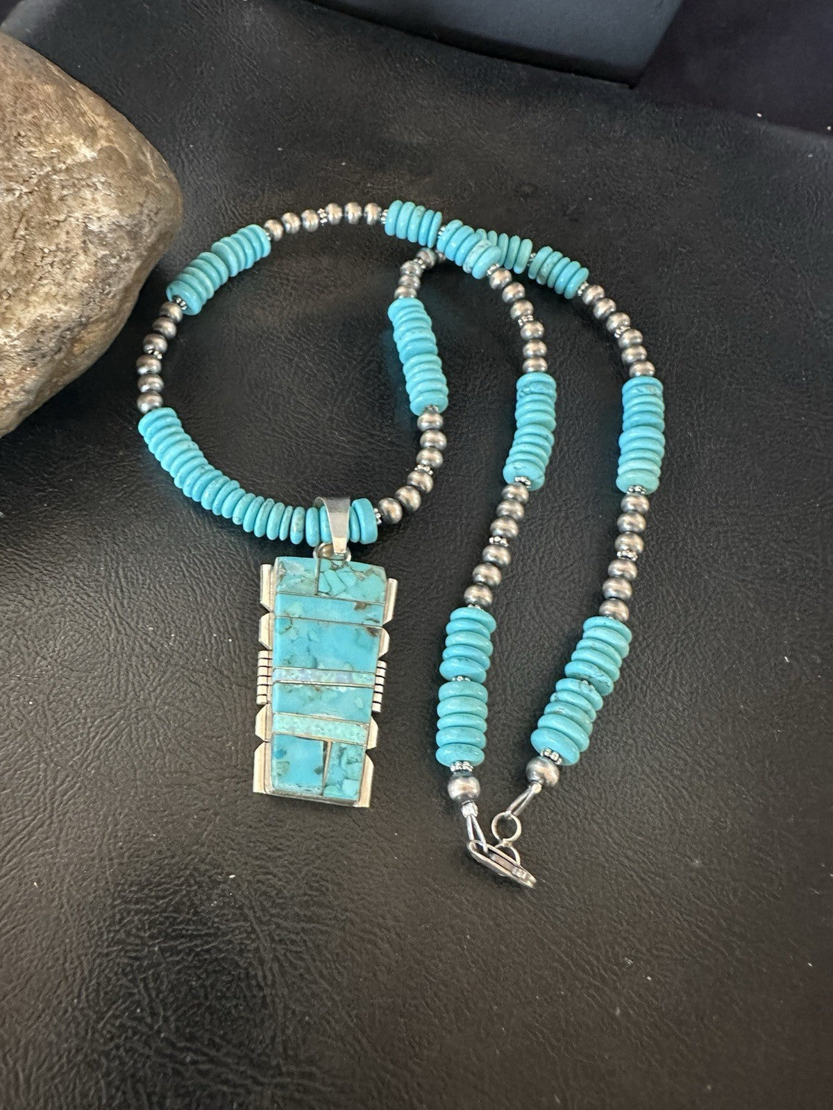 Blue Turquoise Opal Inlay Pendant Navajo Sterling Silver Necklace 19512