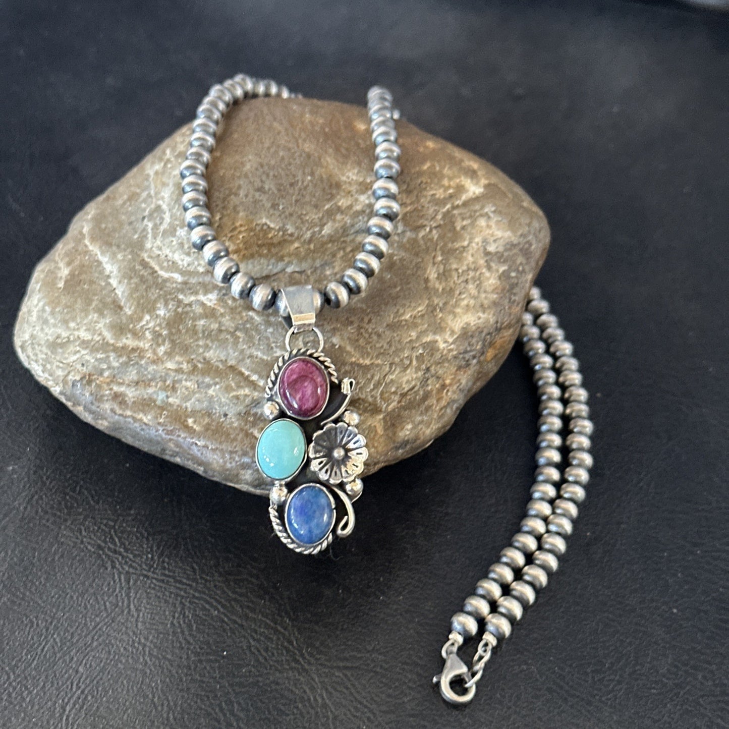 Multicolor Turquoise Lapis Navajo Sterling Silver Cluster Pendant Necklace 19246
