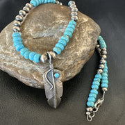 Men's Feather Turquoise Pendant Navajo Necklace | Sterling Silver | Authentic Native American Handmade | 18060