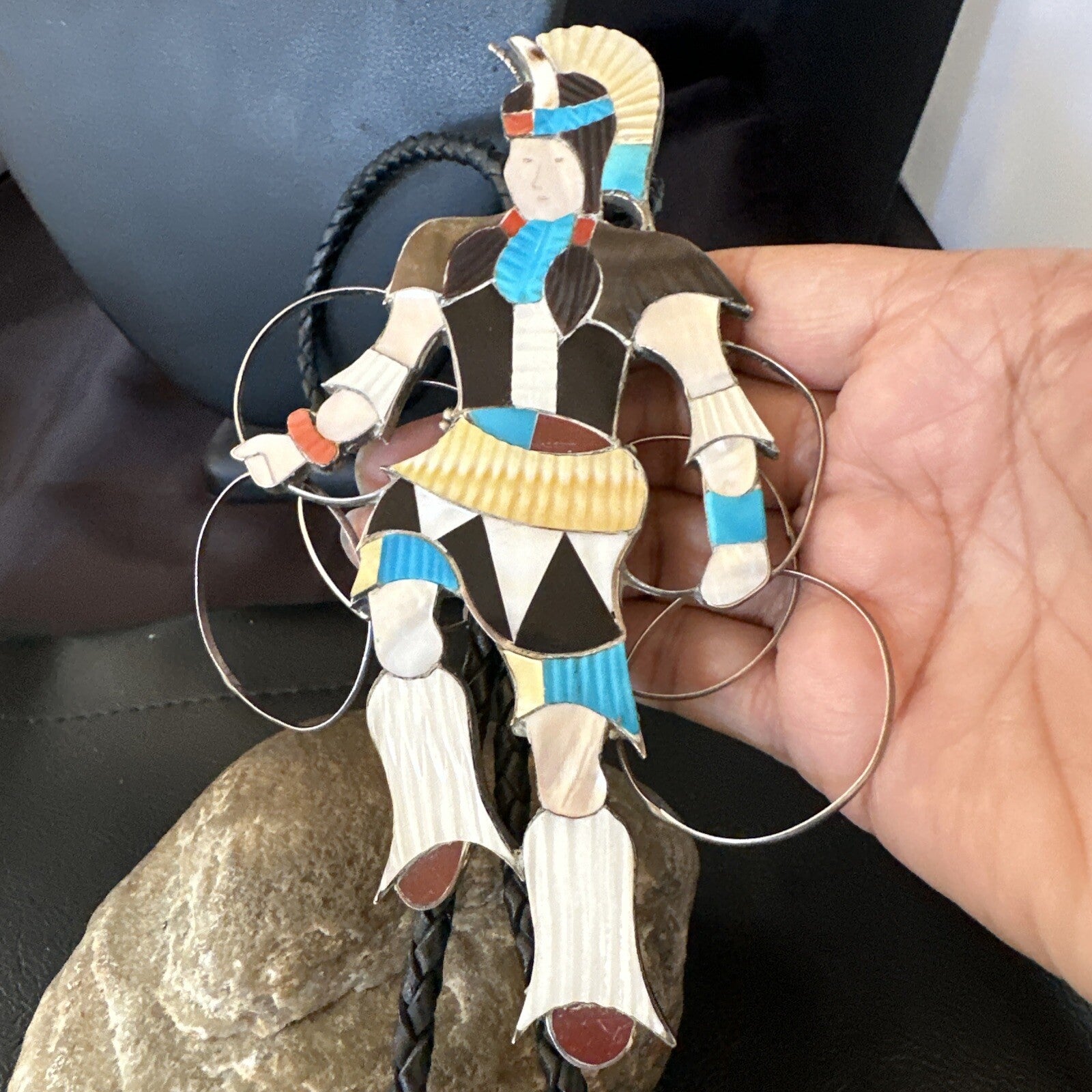 Men Bolo Tie Zuni Hoop Dancer Blue Turquoise Onyx Inlay Sterling Silver 18147