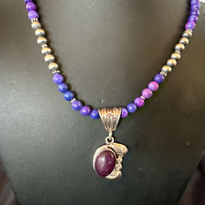 Purple Stone Pendant Navajo Pearls Sterling Silver Necklace 18389