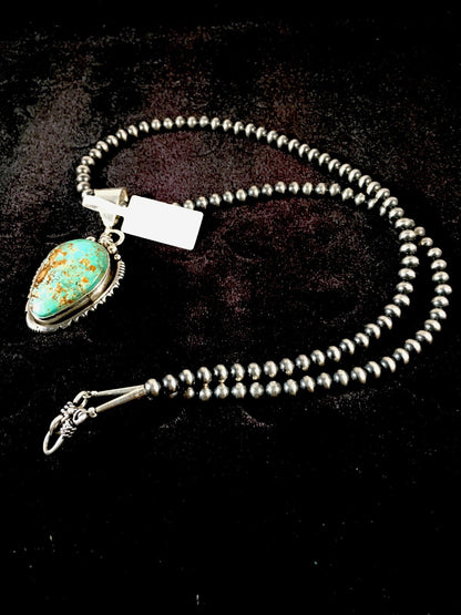 Green Turquoise #8 Pendant Navajo Pearls Sterling Silver Necklace 08678