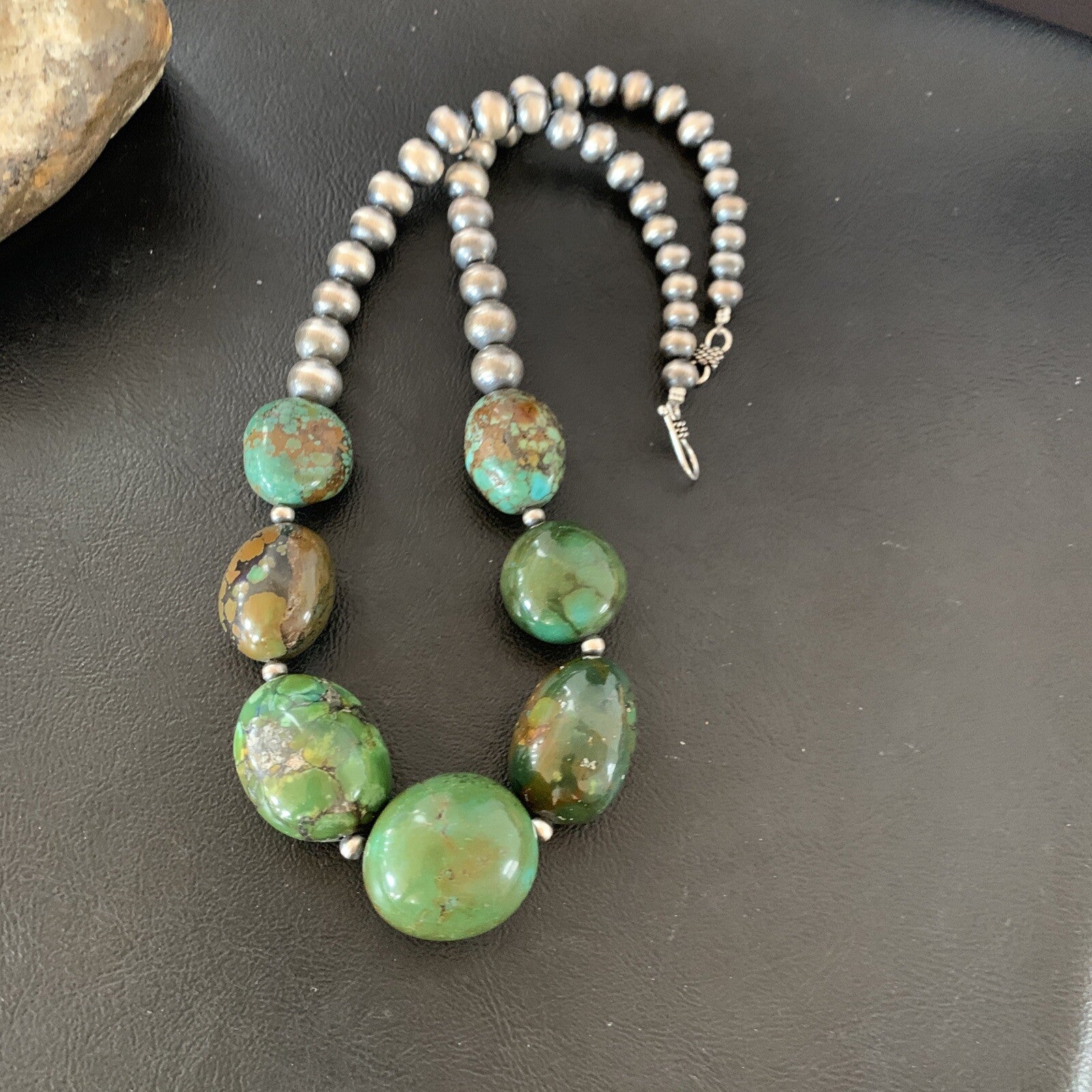 Chunky Navajo Spider Web Green Turquoise Sterling Silver Necklace 20" 11762