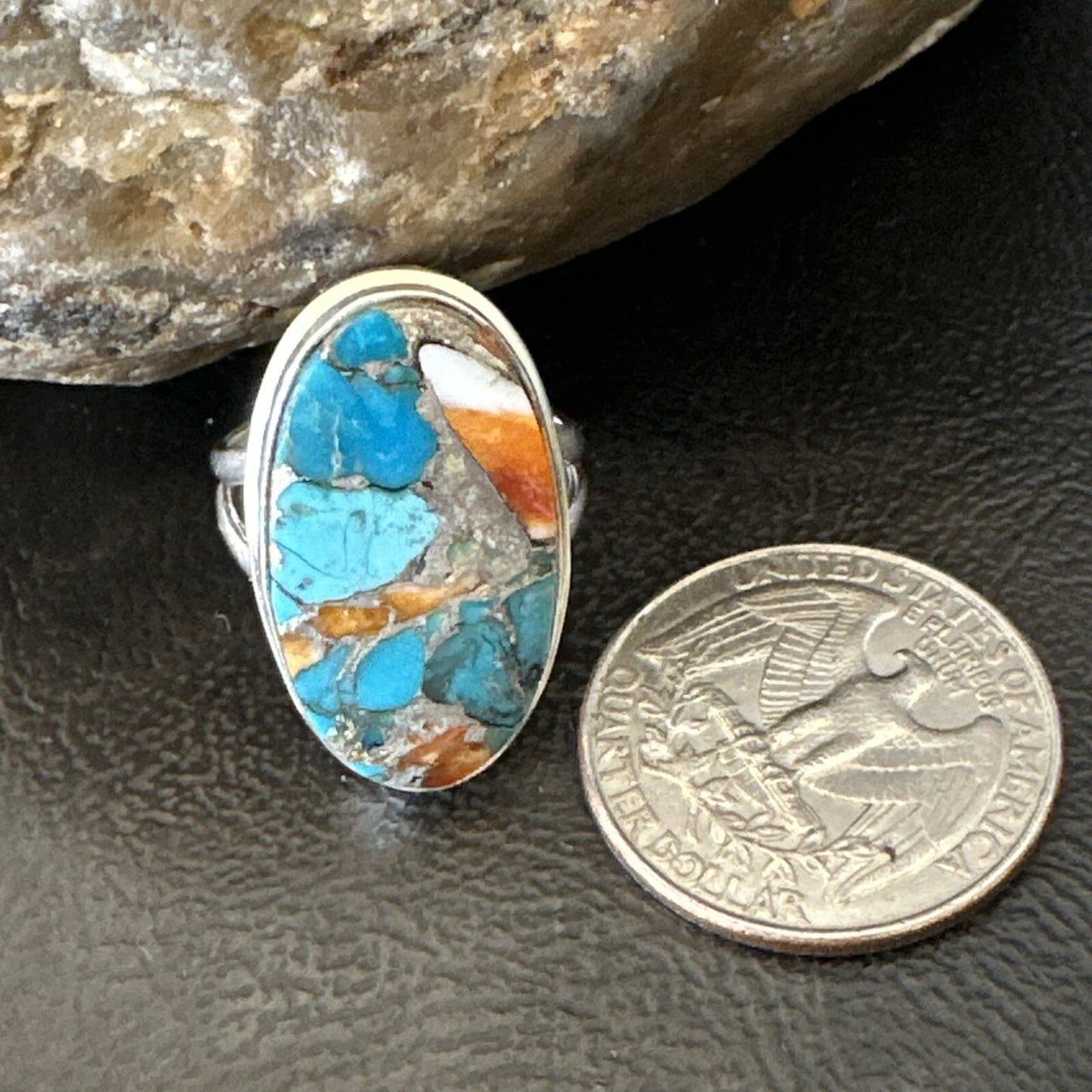 Blue Turquoise Spiny Oyster Southwestern Sterling Silver Ring Size 7 18444