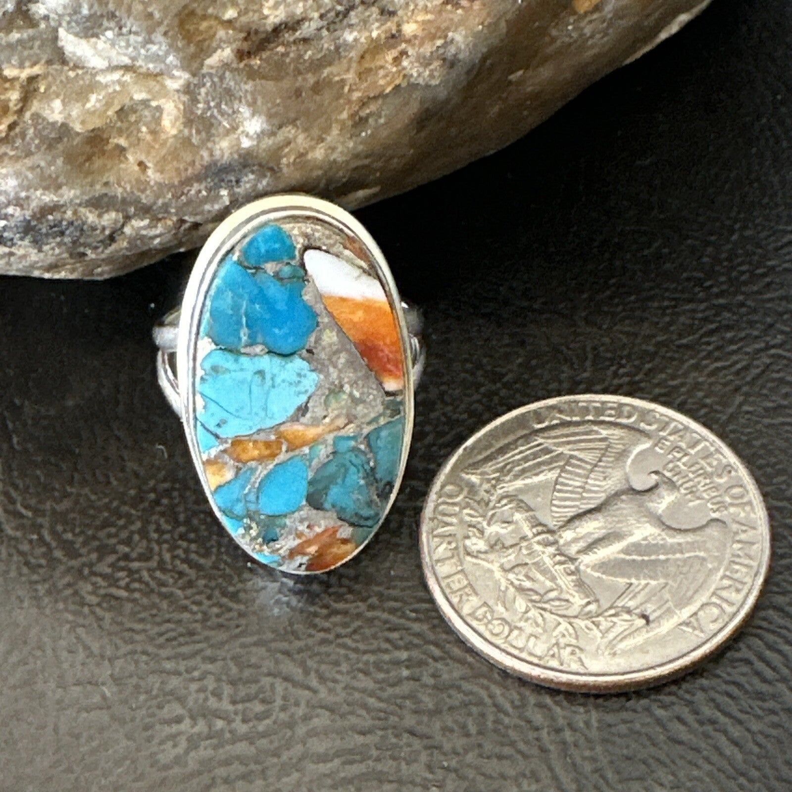 Blue Turquoise Spiny Oyster Southwestern Sterling Silver Ring Size 7 18444
