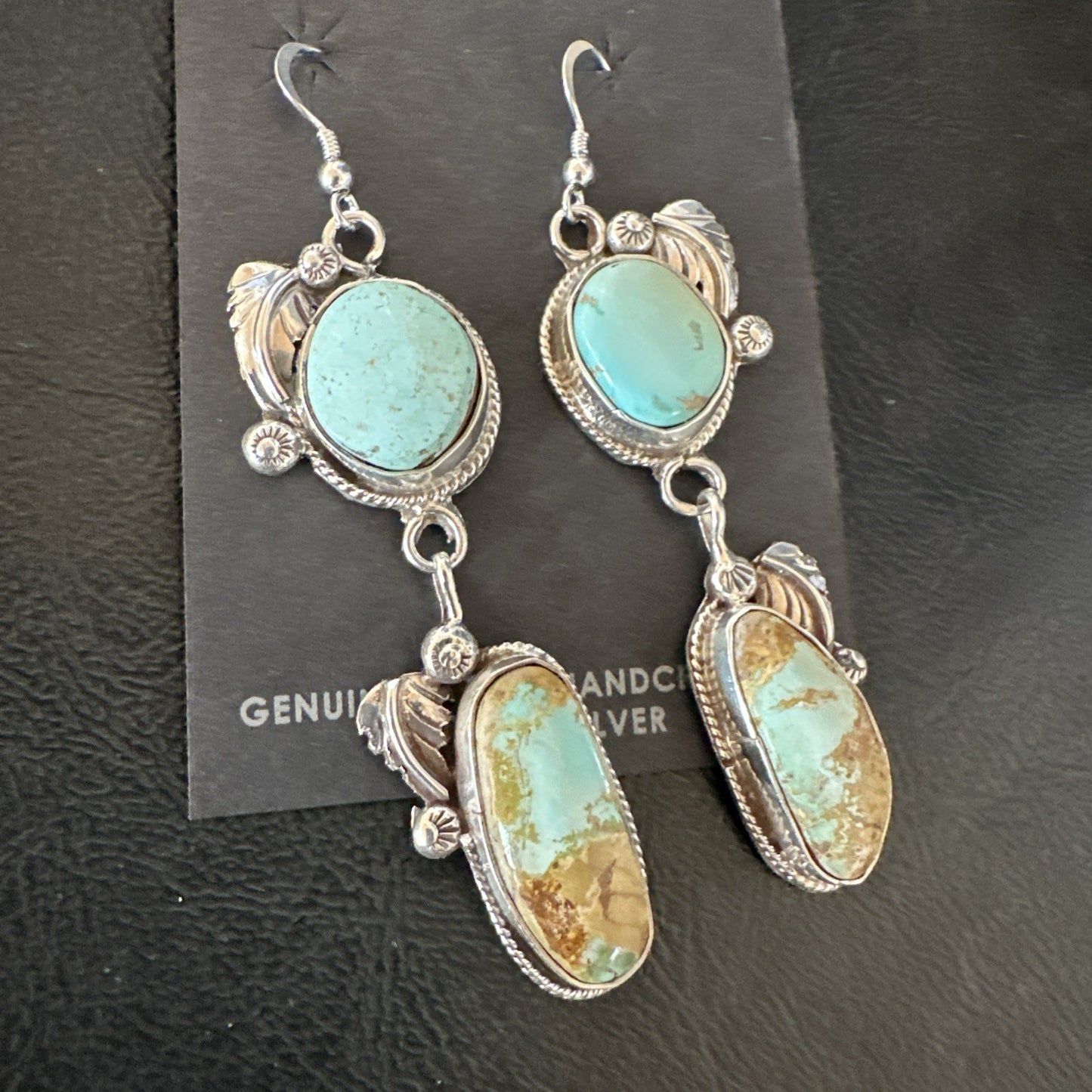 Green Royston Turquoise Navajo Sterling Silver Dangle Earrings 19601