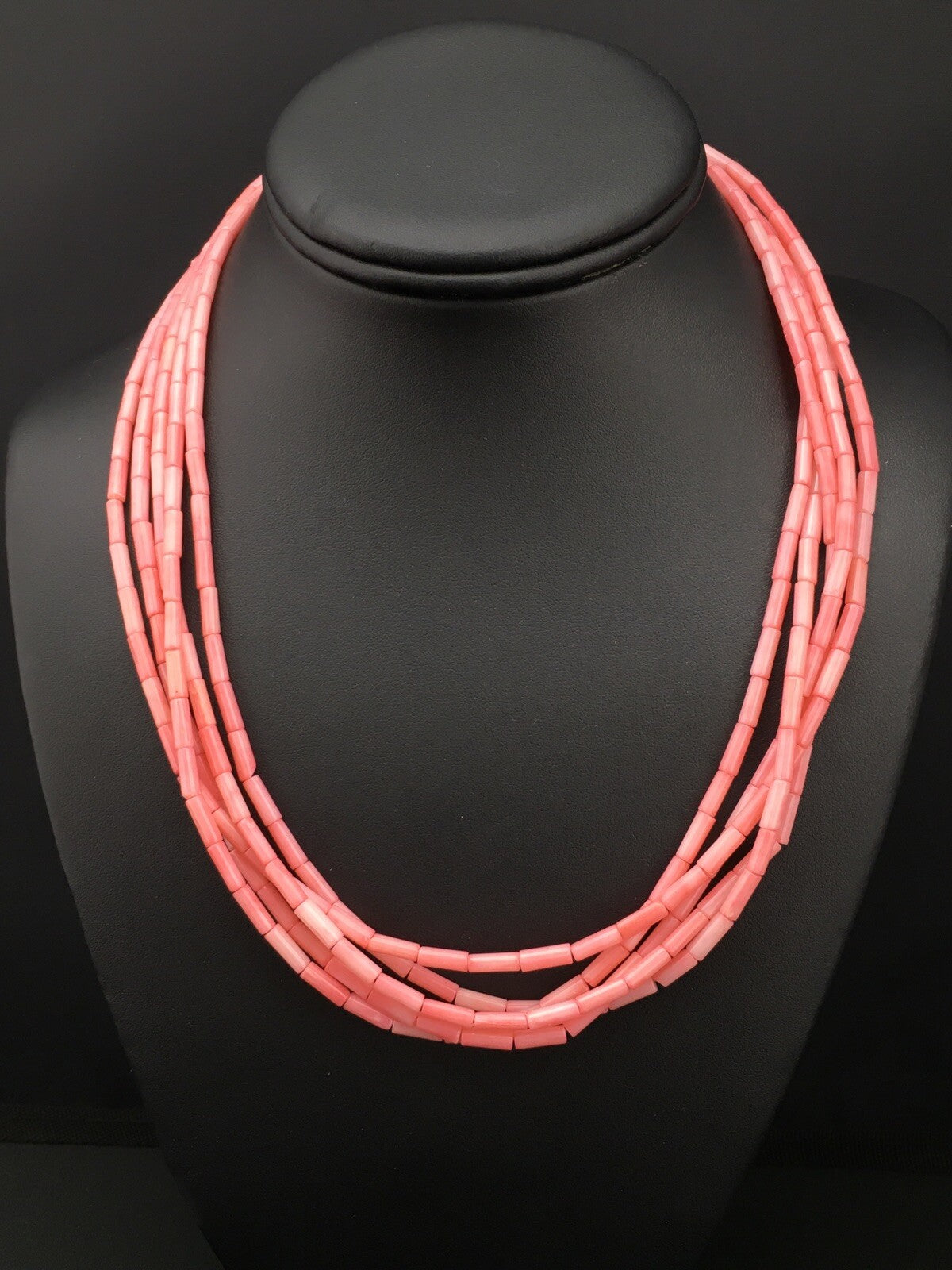 Pink Coral Tube Heishi Bead 5 Strand Navajo Sterling Silver Necklace 19" 1102