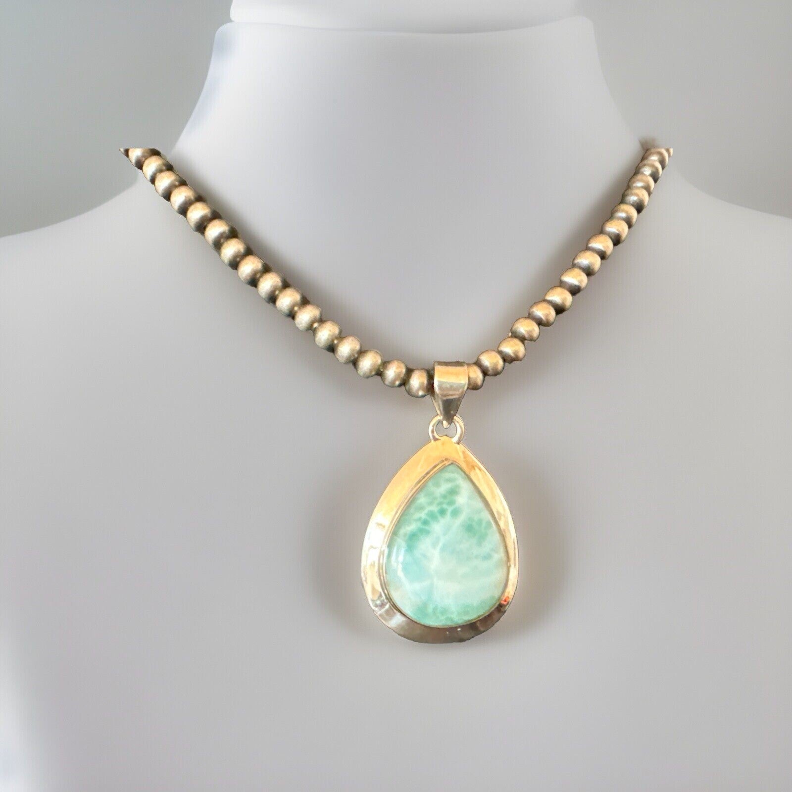 Womens Blue Larimar Pendant Navajo Sterling Silver Beads Necklace 17715
