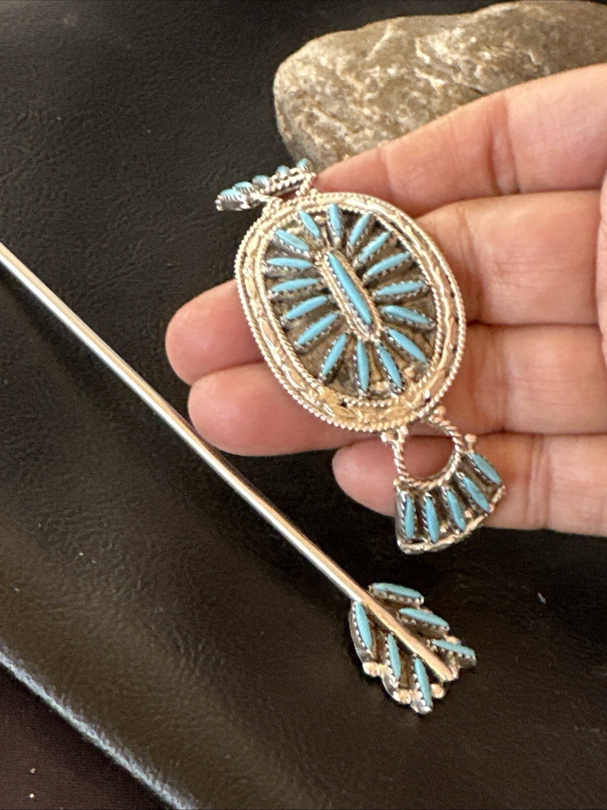 A Zuni Needle Point Sterling Silver Blue Turquoise Hair Barrette 4" 18622