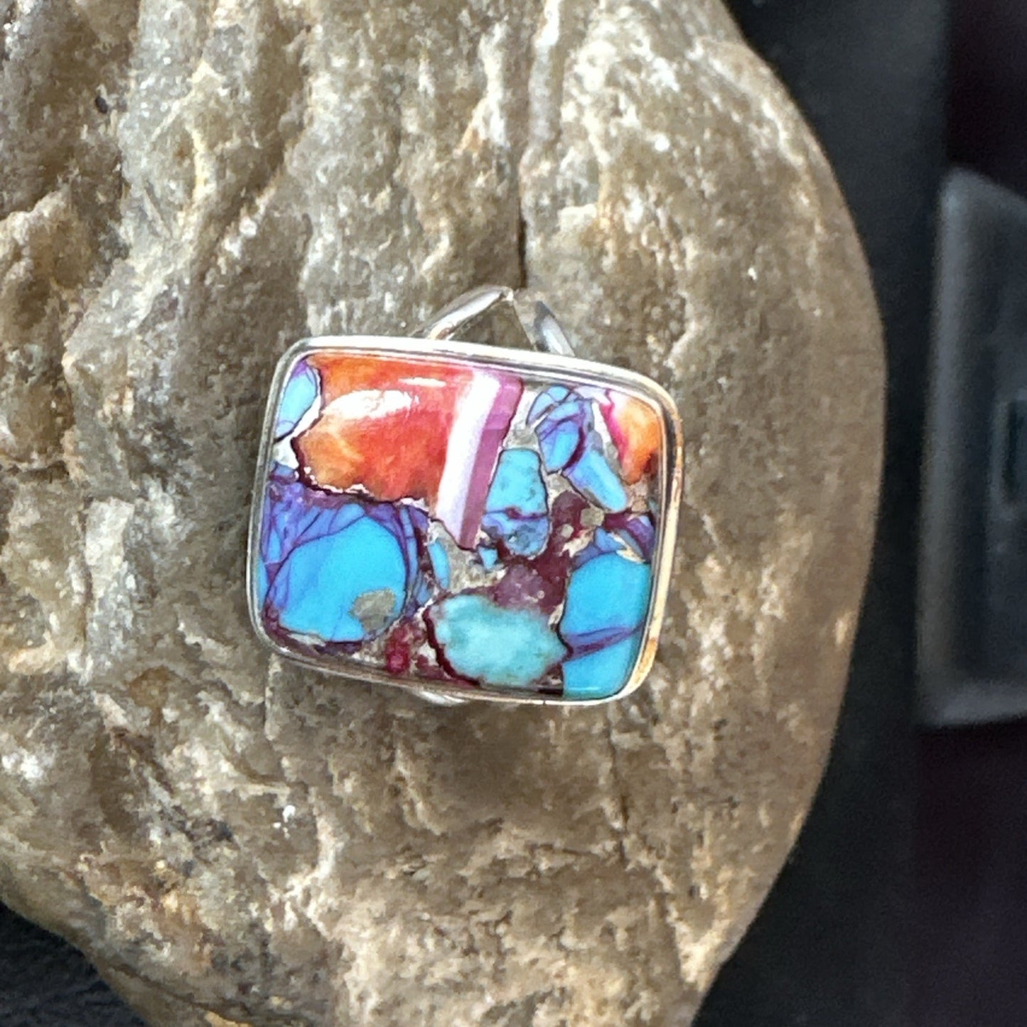 Blue Turquoise Spiny Oyster Southwestern Sterling Silver Ring Size 9 19061