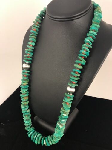 Navajo Turquoise & Spiny Oyster Necklace Sterling Silver 30" 8063