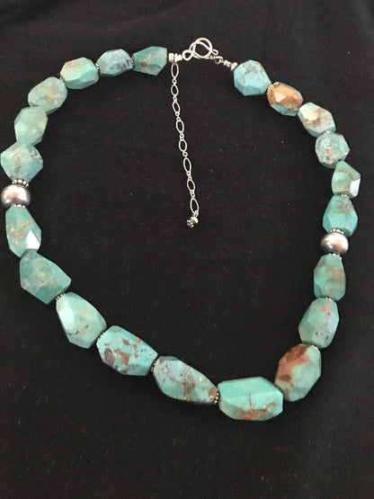 Turquoise Chunky Bead Faceted Navajo Sterling Silver Beads Necklace 03367