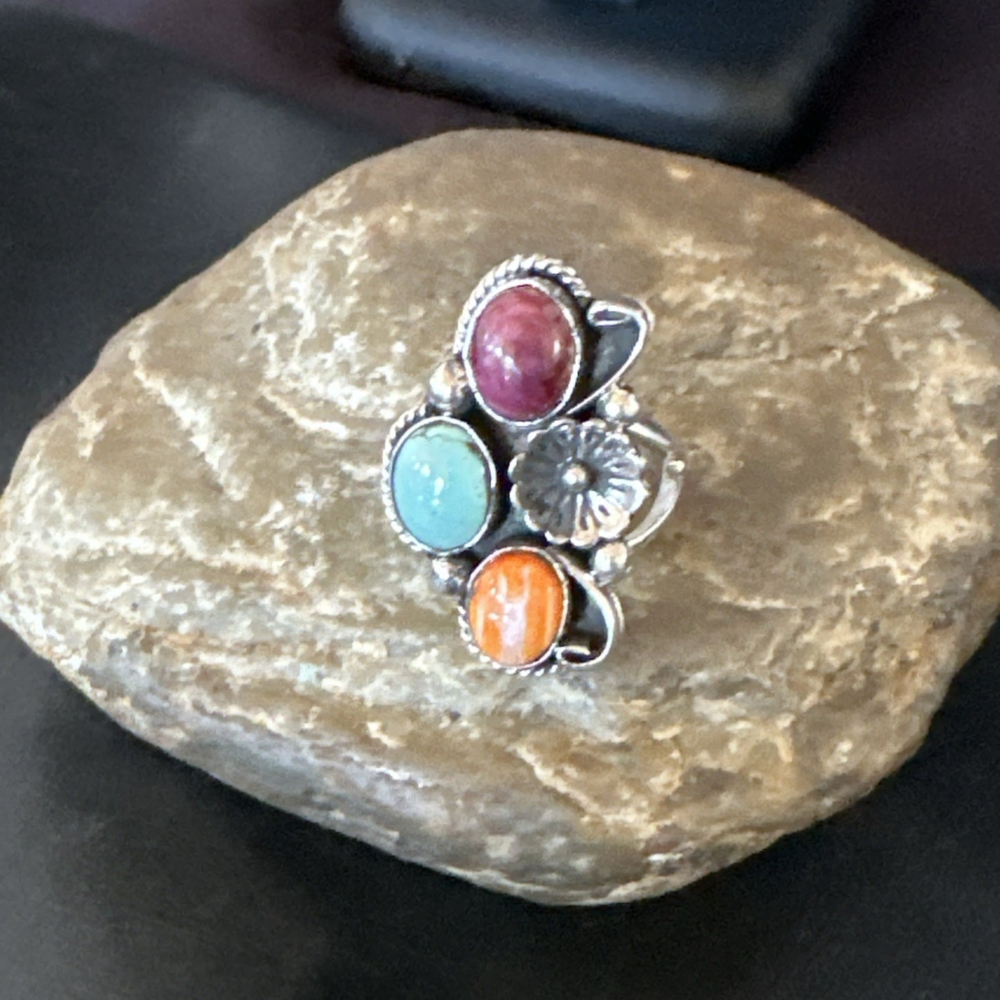 Multicolor Ring Turquoise Spiny Navajo Sterling Silver Cluster Size 9 19172