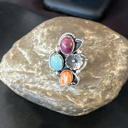 Multicolor Ring Turquoise Spiny Navajo Sterling Silver Cluster Size 9 19172