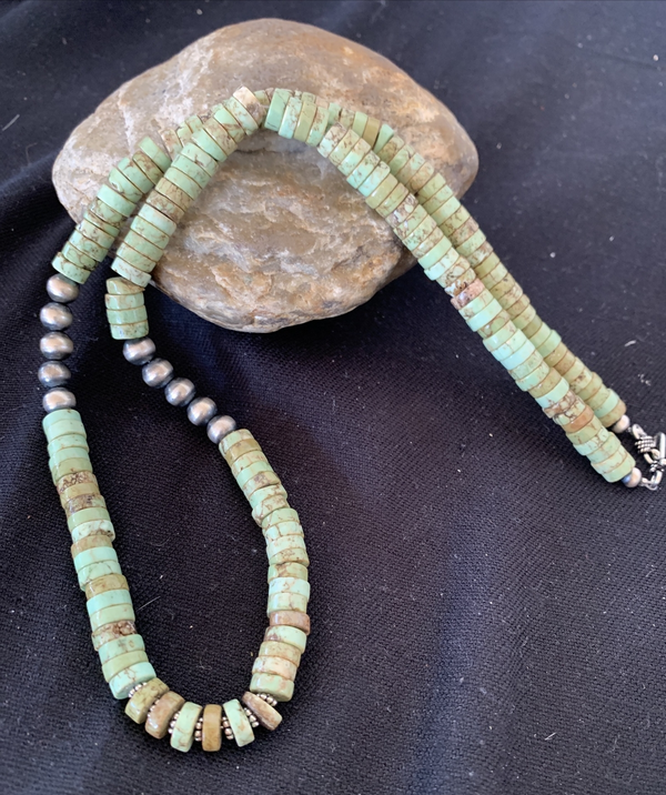 Green Turquoise Stabilized Heishi 8mm Navajo Pearls Necklace 20" | Sterling Silver | Authentic Native American Handmade