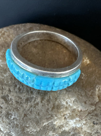 Blue Turquoise Navajo Sterling Silver Corn Inlay Band Ring Size 8.5 18815